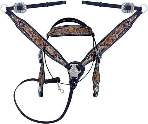 Majestic Ally Hand-Tooled Designer Padded Leather Horse Browband Headstall Breastcollar Set, Browband Headstall, Breastcollar in Saudi Arabia