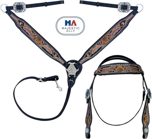 Majestic Ally Hand-Tooled Designer Padded Leather Horse Browband Headstall Breastcollar Set, Browband Headstall, Breastcollar in Saudi Arabia