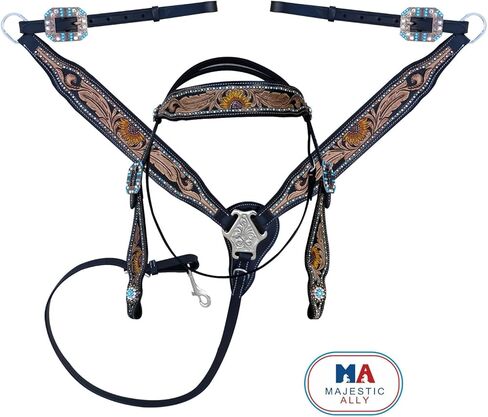 Majestic Ally Hand-Tooled Designer Padded Leather Horse Browband Headstall Breastcollar Set, Browband Headstall, Breastcollar in Saudi Arabia