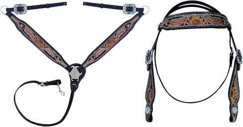 Majestic Ally Hand-Tooled Designer Padded Leather Horse Browband Headstall Breastcollar Set, Browband Headstall, Breastcollar in Saudi Arabia