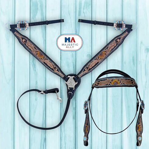 Majestic Ally Hand-Tooled Designer Padded Leather Horse Browband Headstall Breastcollar Set, Browband Headstall, Breastcollar in Saudi Arabia
