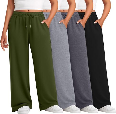 4 Pack Women's Plus Size Sweatpants Yoga Lounge Wide Leg High Waist Drawstring Pants with Pockets in Saudi Arabia
