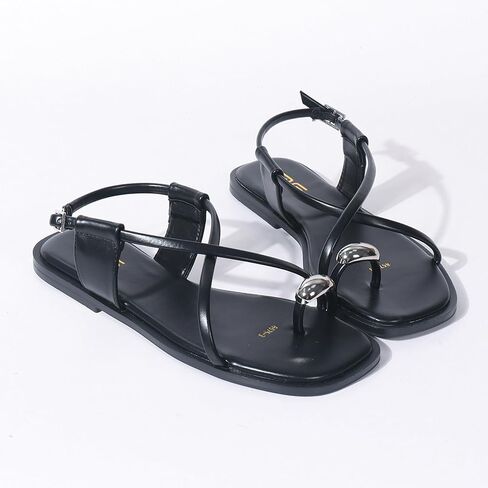 Women'S Leather Strappy Toe Ring Flat Slippers Summer Square Open Toe Buckle Strap Beach Roman Sandals Fashion Casual Thong Sandals in Saudi Arabia