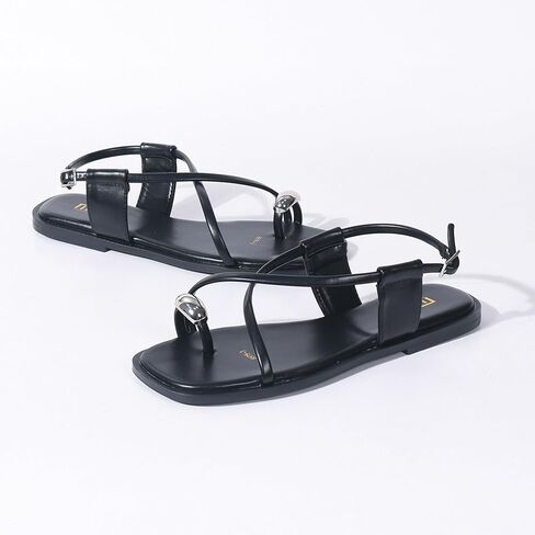 Women'S Leather Strappy Toe Ring Flat Slippers Summer Square Open Toe Buckle Strap Beach Roman Sandals Fashion Casual Thong Sandals in Saudi Arabia