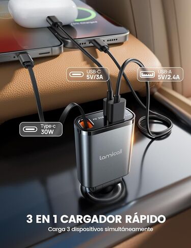 Lamicall Retractable Car Charger 3 in 1 USB C Fast Charging [Ultra-Compact, 75% Less Space] 57W Type C Car Charger fit iPhone 16 16e 15 Pro Max Plus Samsung Galaxy S25 S24 Ultra Pixel Android in Saudi Arabia