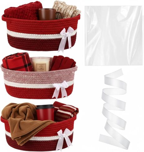 Colingmill 3 Pack Small Bow Woven Basket Empty with Handles Gift Bags and Ribbon 12" x 8" x 5" Gift Baskets to Fill Storage Box Pet Toy Wedding Presents Christmas Birthday(Brown) in Saudi Arabia