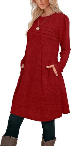 OFEEFAN Womens Long Sleeve Tunic Dress Fall Fashion Sweater Dress with Pockets Pleated Front Casual Winter in Saudi Arabia