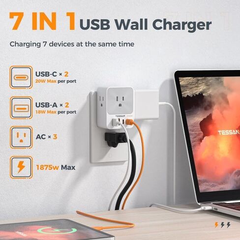 USB C Charger Block 20W PD ، Tessan 4 USB Wall Charger Charge Fast Charging with 3 Outlet Extender Surge Protecor in Kuwait