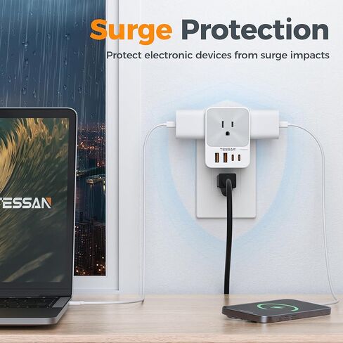 USB C Charger Block 20W PD ، Tessan 4 USB Wall Charger Charge Fast Charging with 3 Outlet Extender Surge Protecor in Kuwait