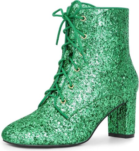 Lace Up Square Toe Sparkly Glitter Block Heels Ankle Boots for Women in Saudi Arabia