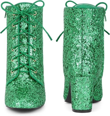 Lace Up Square Toe Sparkly Glitter Block Heels Ankle Boots for Women in Saudi Arabia