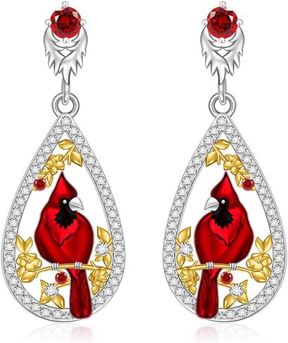 Cardinal Earrings for Women S925 Sterling Silver Teardrop Dainty Cute Dangle Drop Piercing Stud Red Fashion Hypoallergenic Crystal Ruby Animal Bird Valentine's Day Jewelry in Saudi Arabia