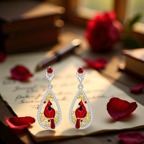 Cardinal Earrings for Women S925 Sterling Silver Teardrop Dainty Cute Dangle Drop Piercing Stud Red Fashion Hypoallergenic Crystal Ruby Animal Bird Valentine's Day Jewelry in Saudi Arabia