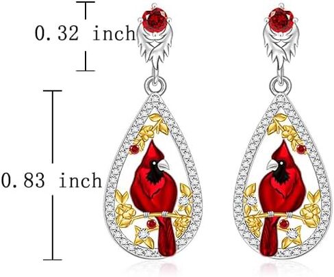 Cardinal Earrings for Women S925 Sterling Silver Teardrop Dainty Cute Dangle Drop Piercing Stud Red Fashion Hypoallergenic Crystal Ruby Animal Bird Valentine's Day Jewelry in Saudi Arabia