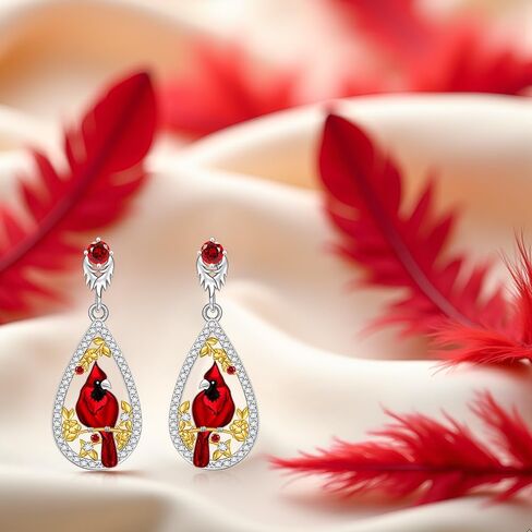 Cardinal Earrings for Women S925 Sterling Silver Teardrop Dainty Cute Dangle Drop Piercing Stud Red Fashion Hypoallergenic Crystal Ruby Animal Bird Valentine's Day Jewelry in Saudi Arabia
