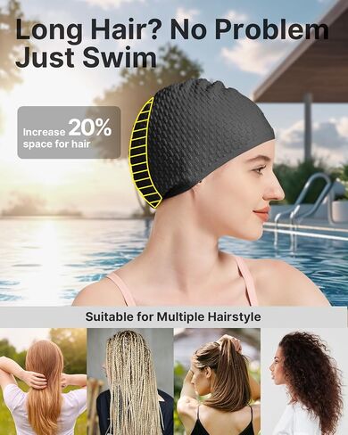 YOTTOY Women's Swim Cap, Silicone Waterproof Swimming Cap for Women Long Hair, Stretchable and Comfortable Bathing Caps for Women Swimming, Large Swim Cap for Adults in Saudi Arabia
