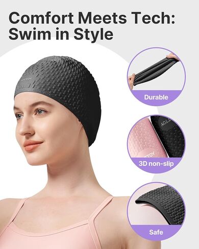 YOTTOY Women's Swim Cap, Silicone Waterproof Swimming Cap for Women Long Hair, Stretchable and Comfortable Bathing Caps for Women Swimming, Large Swim Cap for Adults in Saudi Arabia