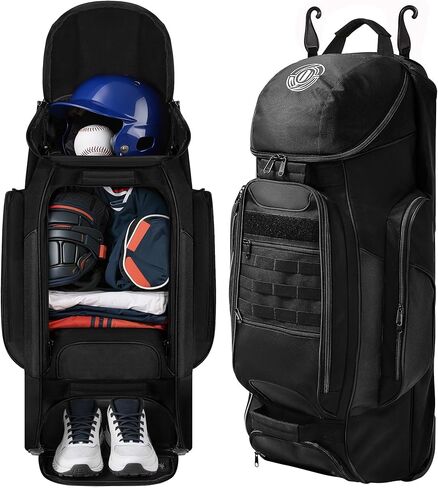 Catchers Gear Bag with Wheels, Rolling Baseball & Softball Catchers Bags with 4 Bat Sleeves, Fence-Hooks, Separate Shoe Compartments and Multi-Pockets in Kuwait