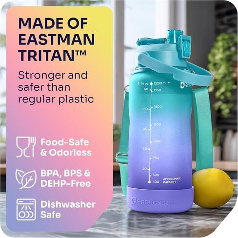 1 جالون زجاجة ماء قش قابلة للإزالة وتعامل مع غسالة الصحون التي آمنت BPS & BPA & DEHP Free +2 فرش زجاجة كبيرة/كبيرة مع علامات زمنية عريضة تسرب الفم 128 أوقية (الفيروز والأرجواني) in Saudi Arabia