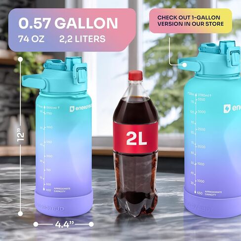 1 جالون زجاجة ماء قش قابلة للإزالة وتعامل مع غسالة الصحون التي آمنت BPS & BPA & DEHP Free +2 فرش زجاجة كبيرة/كبيرة مع علامات زمنية عريضة تسرب الفم 128 أوقية (الفيروز والأرجواني) in Saudi Arabia