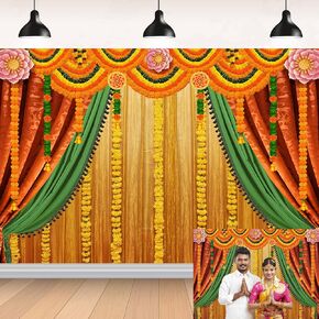 Indian Pooja Photography Backdrop Indian Religious Traditional Festival Marigold Yellow Curtain Background for Diwali Puja Ganpati Pooja Mehndi Wedding Party Decoration 7X5FT in Saudi Arabia