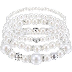 4Pcs Gold Pearl Bracelets For Women Stackable Stretch Bead Bracelets Multilayered Elastic White and Gold Pearl Bracelet For Women Bridesmaid Bridal Wedding Jewelry (Gold) in Saudi Arabia