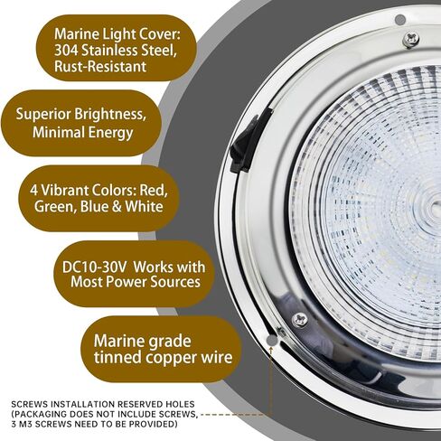 Dome Light with Manual Switch,4-Color Boat Ceiling, Cabin Light,Stainless Steel Surface Mount DC10-30V (RGBW(00541), 5-inch) in Kuwait