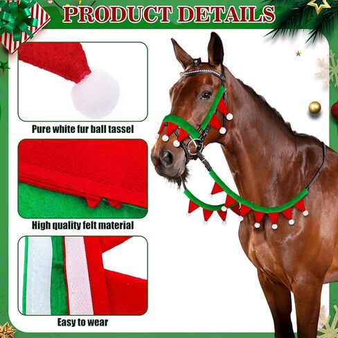 Abbylike Christmas Horse Felt Halter and Rein Covers Sets: 2 Pcs Halter and Rein Covers 1pcs Nose Pad 2 Pcs Cheek Pads Santa Horse Bridles and Reins Cover for Holiday Christmas in Saudi Arabia
