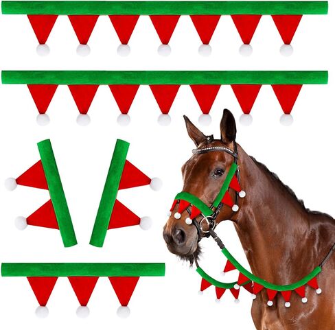 Abbylike Christmas Horse Felt Halter and Rein Covers Sets: 2 Pcs Halter and Rein Covers 1pcs Nose Pad 2 Pcs Cheek Pads Santa Horse Bridles and Reins Cover for Holiday Christmas in Saudi Arabia