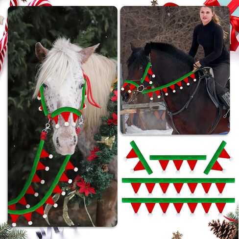 Abbylike Christmas Horse Felt Halter and Rein Covers Sets: 2 Pcs Halter and Rein Covers 1pcs Nose Pad 2 Pcs Cheek Pads Santa Horse Bridles and Reins Cover for Holiday Christmas in Saudi Arabia