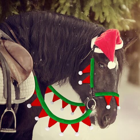 Abbylike Christmas Horse Felt Halter and Rein Covers Sets: 2 Pcs Halter and Rein Covers 1pcs Nose Pad 2 Pcs Cheek Pads Santa Horse Bridles and Reins Cover for Holiday Christmas in Saudi Arabia