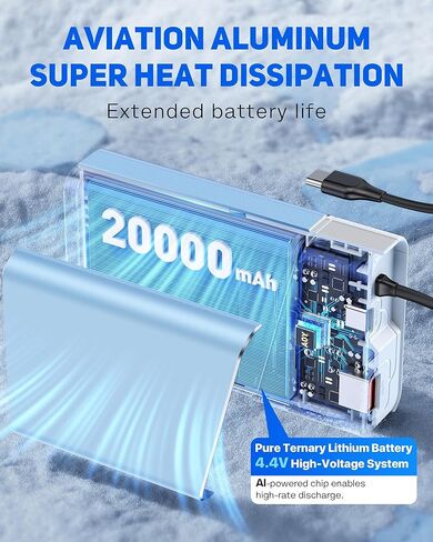 Portable Charger Power Bank 20000mAh - 22.5W PD شحن سريع للغاية مع كابل قابل للفصل ، USB -C In & Out Travel Prouttible Packte متوافق مع iPhone 16/15/14/13 iPad MacBook Samsung Moto ECT in Kuwait