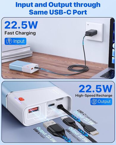 Portable Charger Power Bank 20000mAh - 22.5W PD شحن سريع للغاية مع كابل قابل للفصل ، USB -C In & Out Travel Prouttible Packte متوافق مع iPhone 16/15/14/13 iPad MacBook Samsung Moto ECT in Kuwait
