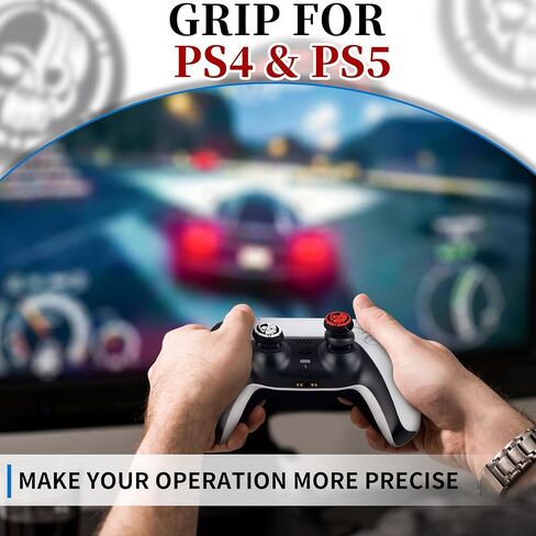 NO Falling Off Thumbstick Extender x 2 & Thumb Grip x 4 for PS5 & PS4 Controller (Black Red + Blue Ring) in Saudi Arabia