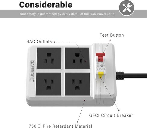 GFCI Power Strips with 3M Heavy Duty Extension Cord, 4 Gang Sockets 15A Fused SAFEMORE Power Strip 1875J with 30mA RCBO Leakage Protection, for Workshop Garage RV Indoor (Black) in Saudi Arabia