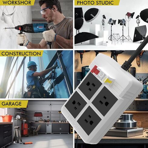 GFCI Power Strips with 3M Heavy Duty Extension Cord, 4 Gang Sockets 15A Fused SAFEMORE Power Strip 1875J with 30mA RCBO Leakage Protection, for Workshop Garage RV Indoor (Black) in Saudi Arabia