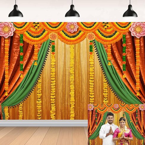Indian Pooja Photography Backdrop Indian Religious Traditional Festival Marigold Yellow Curtain Background for Diwali Puja Ganpati Pooja Mehndi Wedding Party Decoration 7X5FT in Saudi Arabia