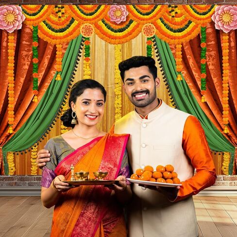 Indian Pooja Photography Backdrop Indian Religious Traditional Festival Marigold Yellow Curtain Background for Diwali Puja Ganpati Pooja Mehndi Wedding Party Decoration 7X5FT in Saudi Arabia