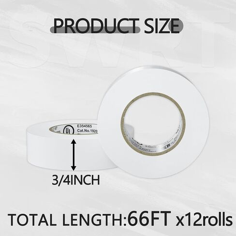 SWRT 12 Pack UL/CSA مدرج شريط كهربائي عالي مؤقت 7 مل -600 فولت ، 0.75 في × 66 قدم متثقيف اللهب الكهربائي ، لاصق قوي ، للإصلاحات الكهربائية المنزلية المنزلية التثبيتات الاحترافية in Saudi Arabia