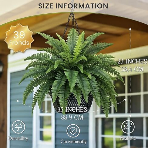Fake Ferns, 35IN Large Fake Bush Plants, 2 Articial Boston Ferns with 39 Fronds for Outdoor Hanging Planter Garden Porch Entrance Home Decor in Saudi Arabia