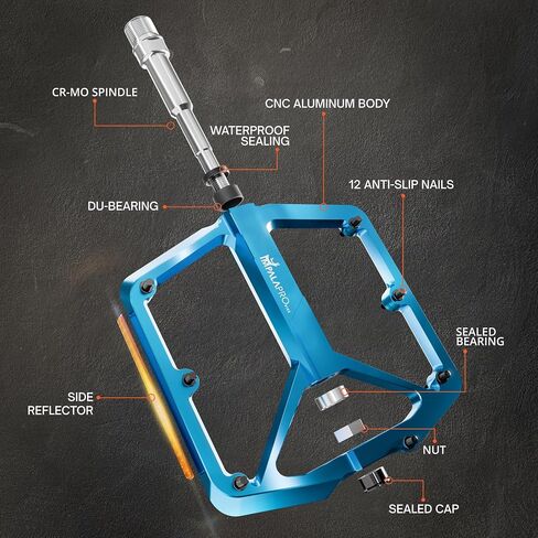 دواسات دراجة مسطحة مع عاكسات ألومنيوم CNC مقاس 9/16 بوصة - دواسات MTB مع منصة عريضة للغاية ودبابيس مضادة للانزلاق قابلة للإزالة - دواسات خفيفة الوزن للدراجات الجبلية ودراجات الطريق 355 جم in Kuwait