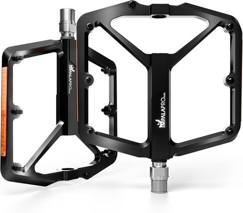 دواسات دراجة مسطحة مع عاكسات ألومنيوم CNC مقاس 9/16 بوصة - دواسات MTB مع منصة عريضة للغاية ودبابيس مضادة للانزلاق قابلة للإزالة - دواسات خفيفة الوزن للدراجات الجبلية ودراجات الطريق 355 جم in Kuwait