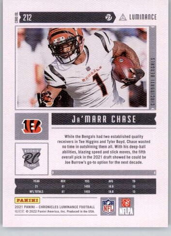 2021 Panini Chronicles Luminance Update Rookies #212 Ja'Marr Chase RC Rookie Cincinnati Bengals NFL Football Trading Card in Saudi Arabia
