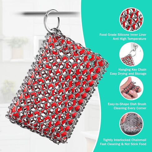 Haushof Cast Iron Scrubber ، Vainmail Scrubber مع Cilicone Core ، Spirium Chainmail Scrubber Sponge للمقلاة ، المقلاة ، الفرن الهولندي in Kuwait