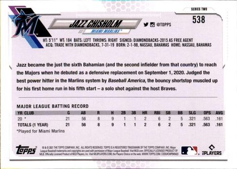 2021 Topps #538 Jazz Chisholm Miami Marlins Baseball Rookie Card in Saudi Arabia