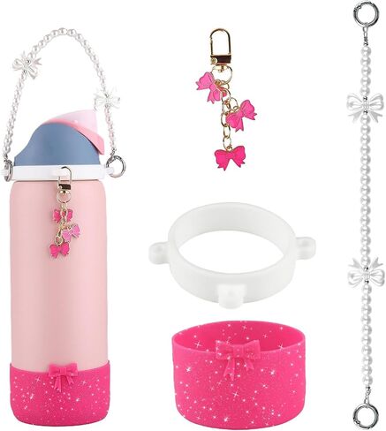 Water Bottle Accessories Set for Owala FreeSip 24oz、32 oz– Includes Pearl Handle Strap, Bow Charms,2.9in .3inch Silicone Bling Boot for Owala Accessories for Women in Saudi Arabia