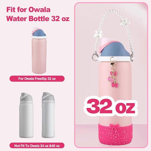 Water Bottle Accessories Set for Owala FreeSip 24oz、32 oz– Includes Pearl Handle Strap, Bow Charms,2.9in .3inch Silicone Bling Boot for Owala Accessories for Women in Saudi Arabia