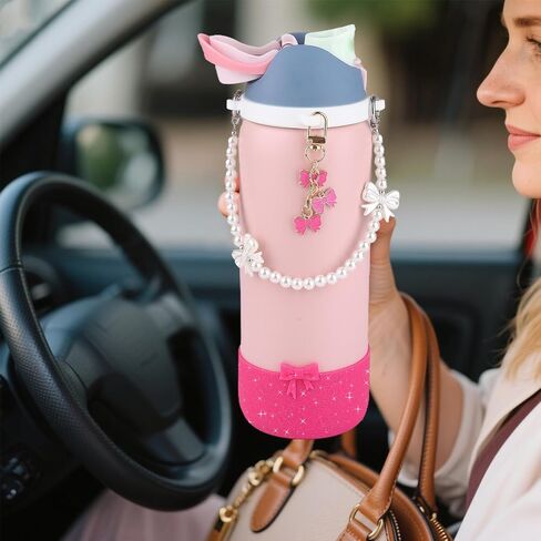 Water Bottle Accessories Set for Owala FreeSip 24oz、32 oz– Includes Pearl Handle Strap, Bow Charms,2.9in .3inch Silicone Bling Boot for Owala Accessories for Women in Saudi Arabia