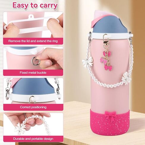 Water Bottle Accessories Set for Owala FreeSip 24oz、32 oz– Includes Pearl Handle Strap, Bow Charms,2.9in .3inch Silicone Bling Boot for Owala Accessories for Women in Saudi Arabia