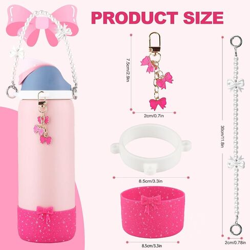 Water Bottle Accessories Set for Owala FreeSip 24oz、32 oz– Includes Pearl Handle Strap, Bow Charms,2.9in .3inch Silicone Bling Boot for Owala Accessories for Women in Saudi Arabia